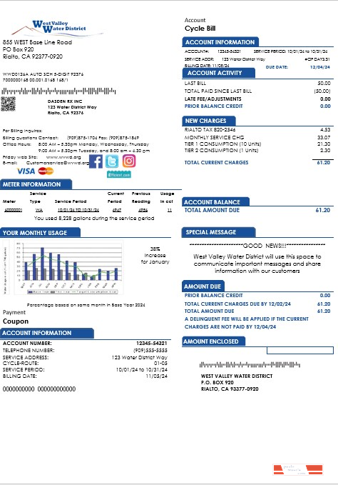 USA California West Valley Water District business utility bill template in Word and PDF formats
